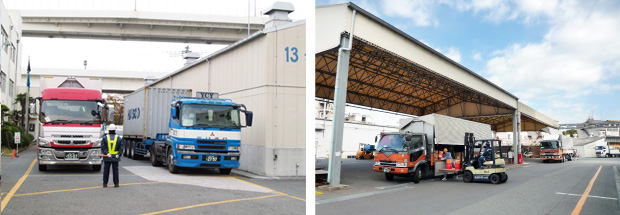 横浜営業所 搬入・搬出の車両がスムーズに出入り可能